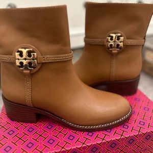 Tory Burch Miller 45MM Calf Leather Booties. Color: Dark Tiramisu. Size: 6.5